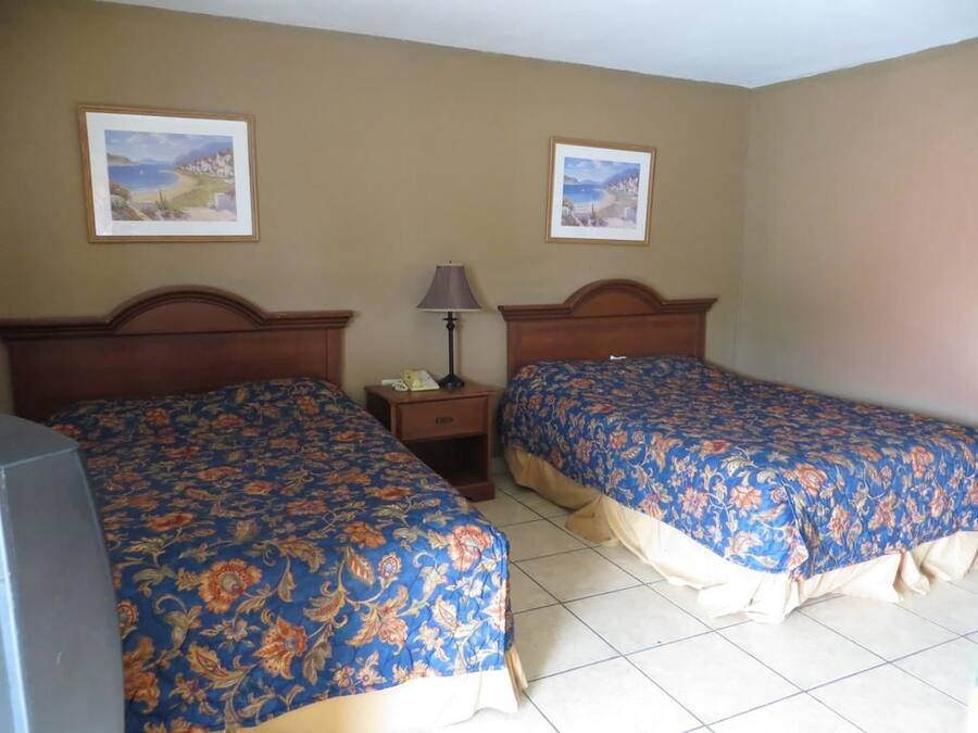 A hotel room with two beds, a nightstand, a lamp, and two framed pictures on the wall.