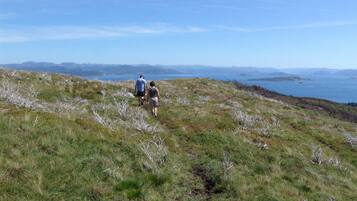A grassy hillside with a clear view of the ocean and distant mountains.