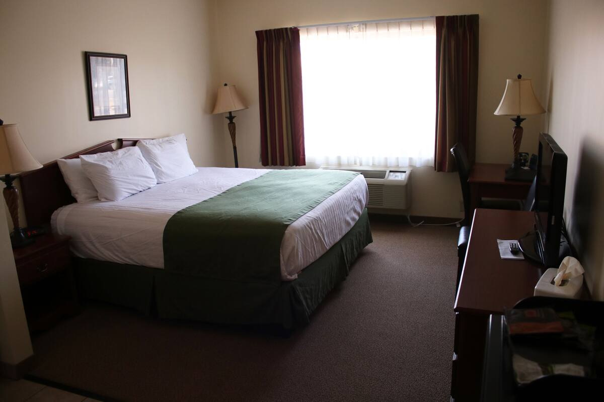 A hotel room with a bed, a desk, a chair, a lamp, and a window with curtains.
