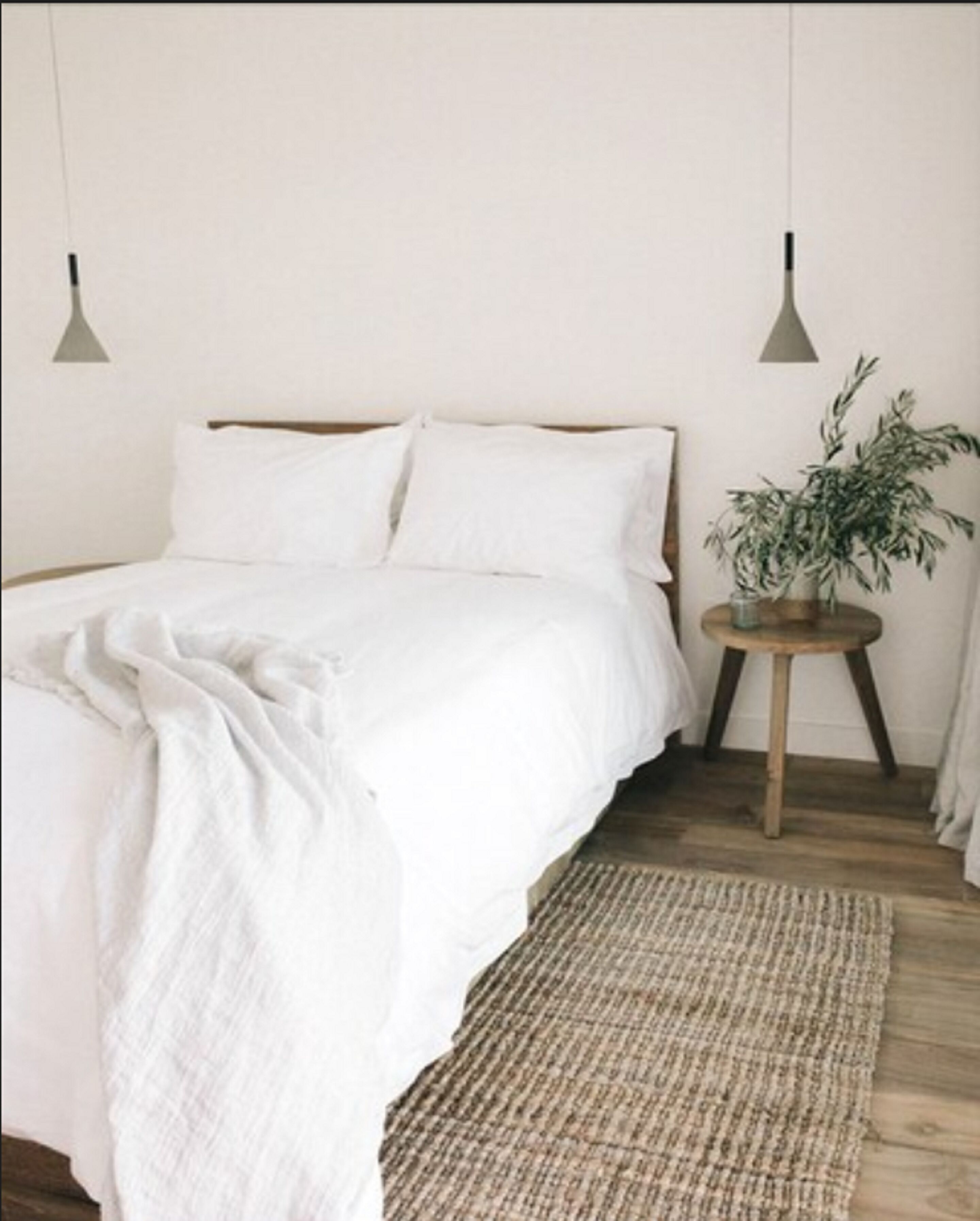 Une chambre à coucher avec un lit, une table de chevet ornée d’une plante et deux lampes suspendues.
