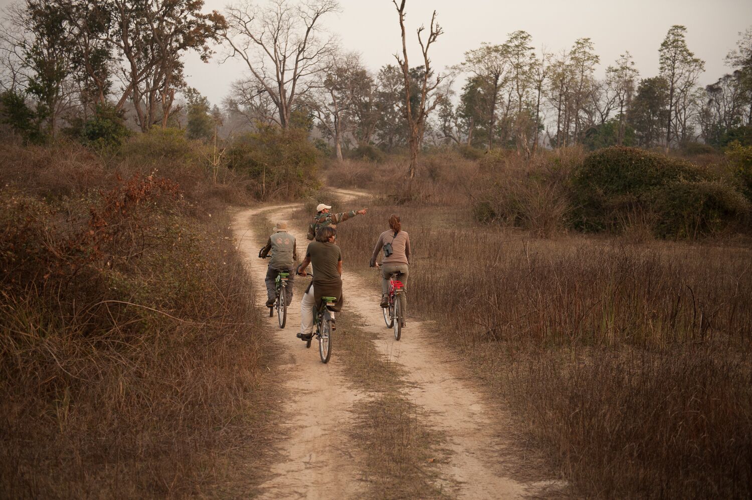 A group of people on bicycles on a dirt path surrounded by dry grass and trees.