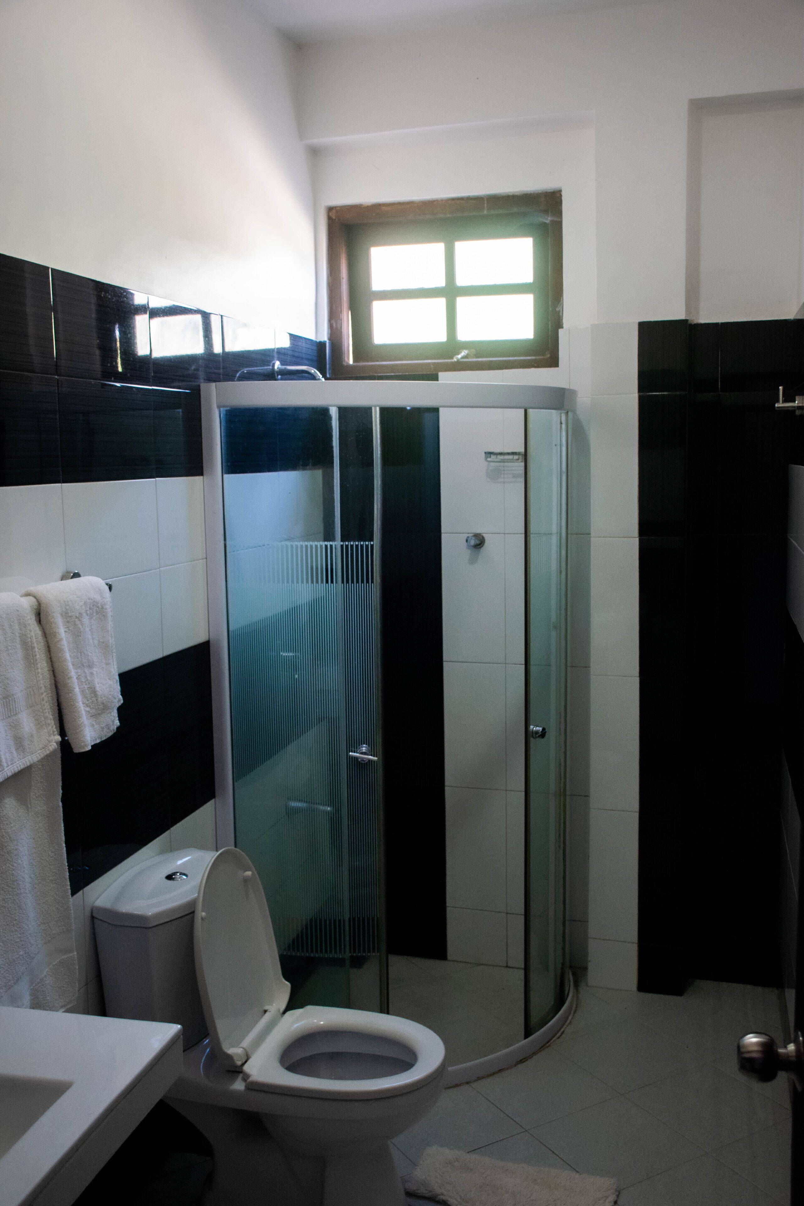 A bathroom with a glass-enclosed shower, a toilet, and a sink.