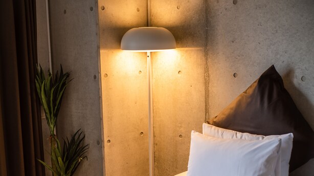 Una habitación de hotel con cama, lámpara de pie, planta en maceta y almohada.