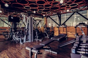 A gym with various exercise equipment, a treadmill, and a bench.