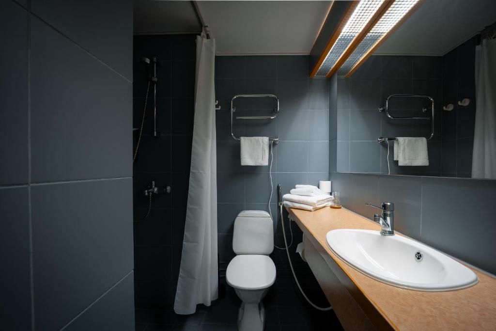A modern bathroom with a shower, toilet, and sink.