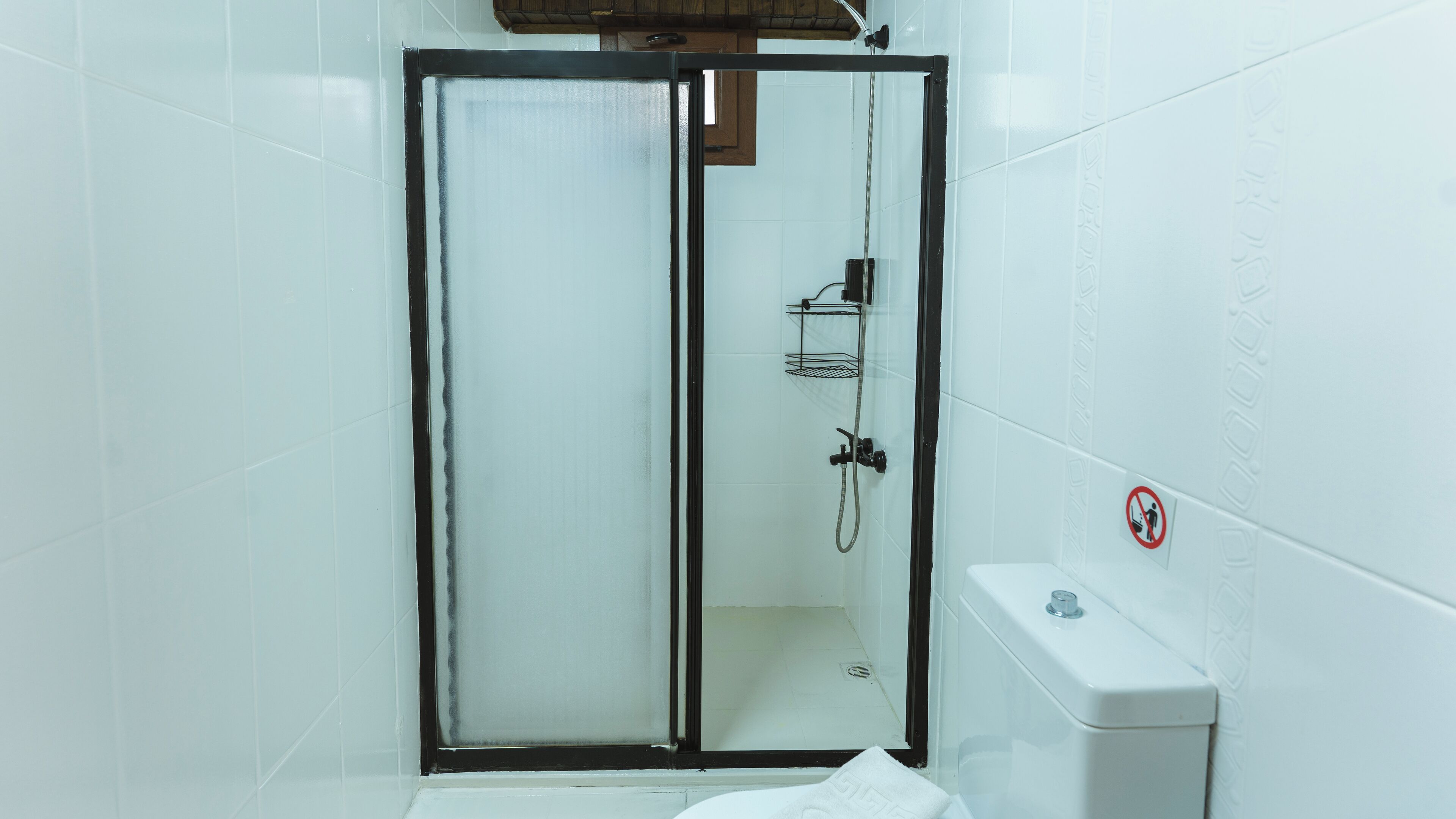 A bathroom with a glass shower enclosure, a toilet, and a sink.