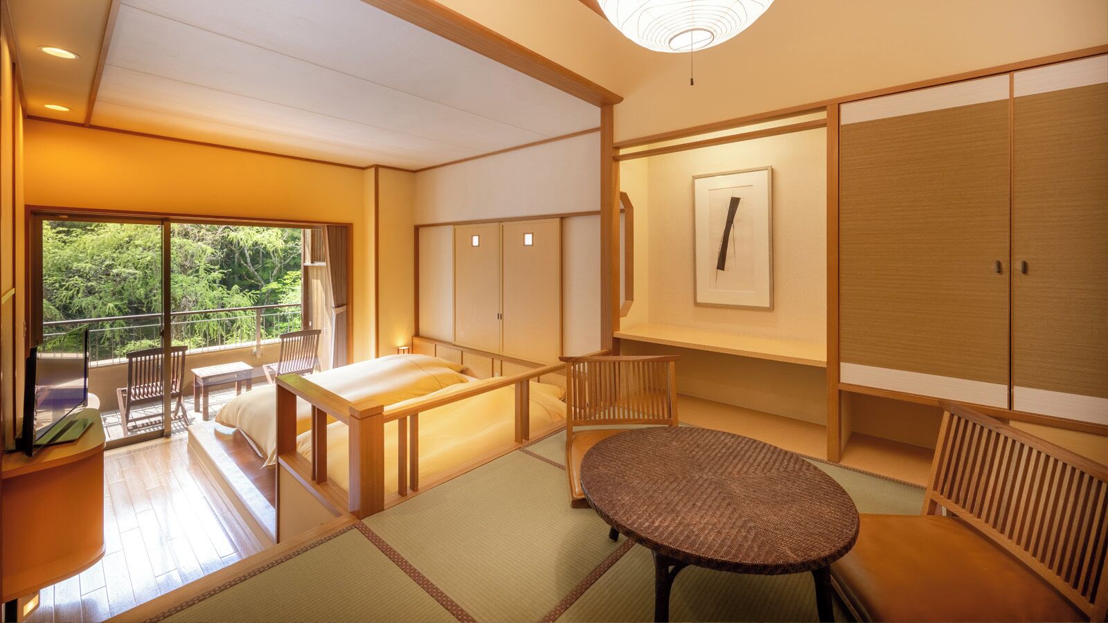 A traditional Japanese-style room with tatami flooring, a low table, a cushioned bench, and sliding doors.