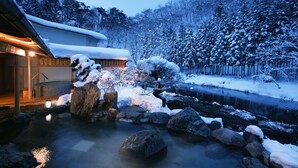 A traditional Japanese onsen with a wooden bathhouse, a natural hot spring, and a snowy landscape.