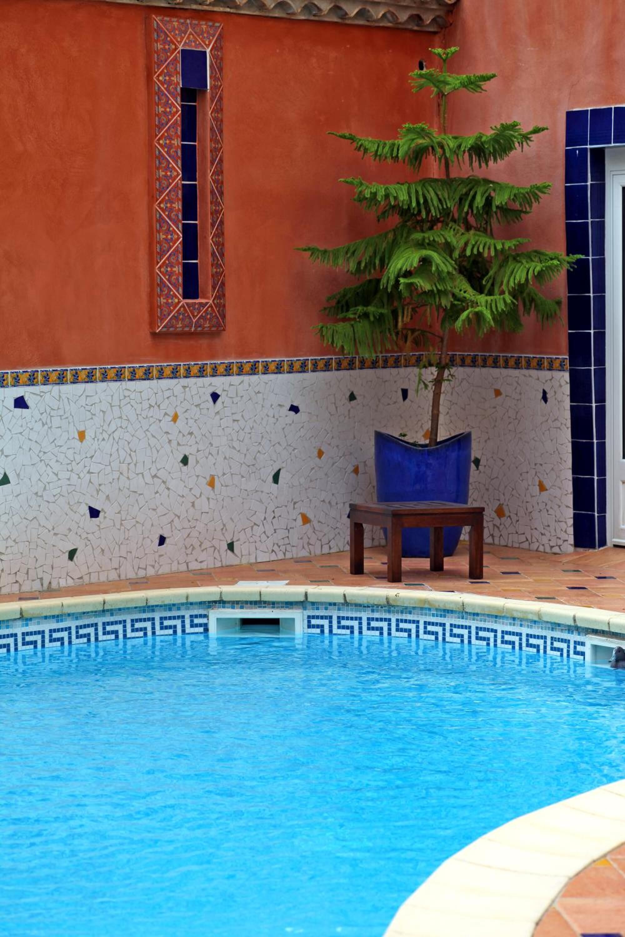 Una piscina con un motivo a mosaico geometrico, una pianta in vaso e un muro piastrellato con una decorazione.