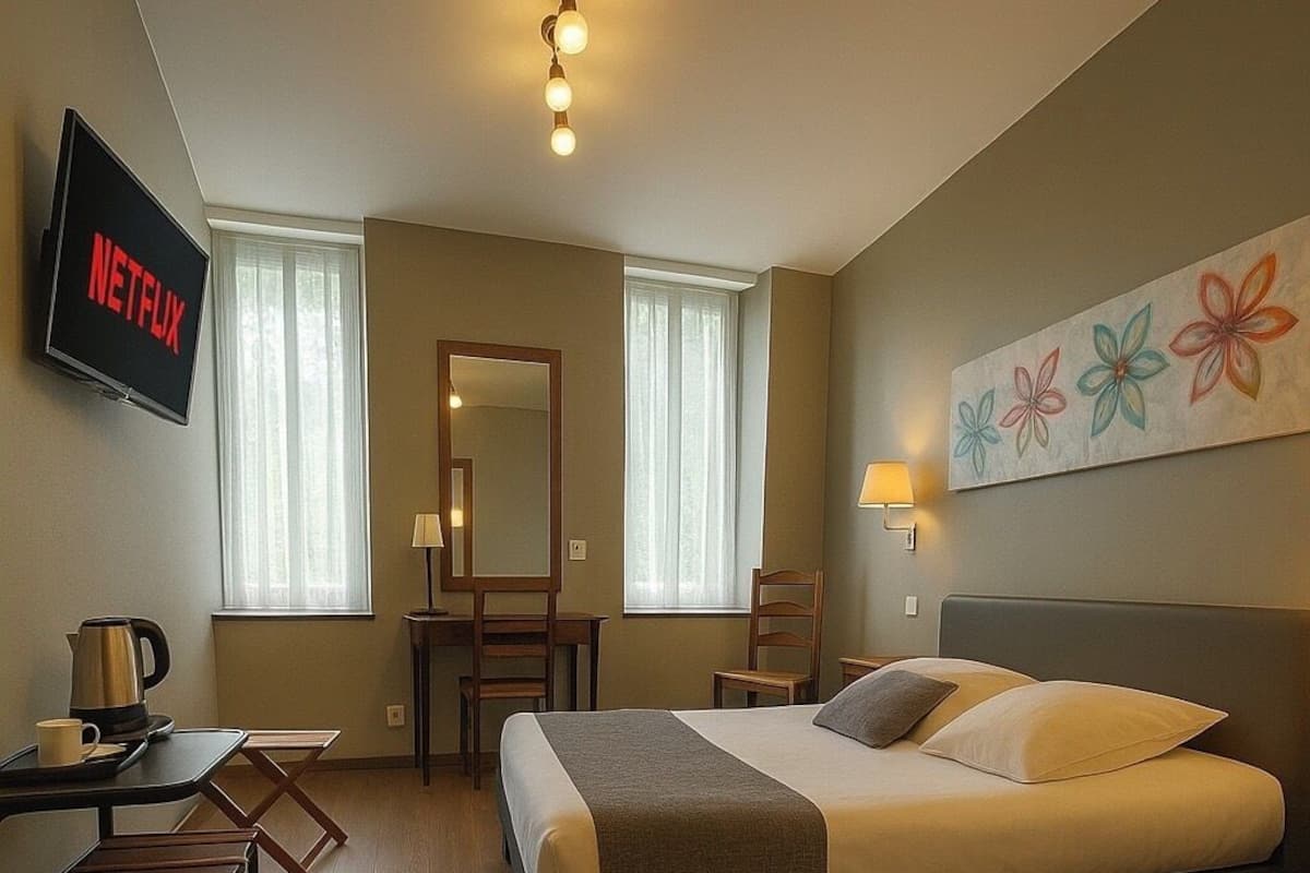 A hotel room with a bed, bedside table, desk, chair, TV, and artwork on the wall.
