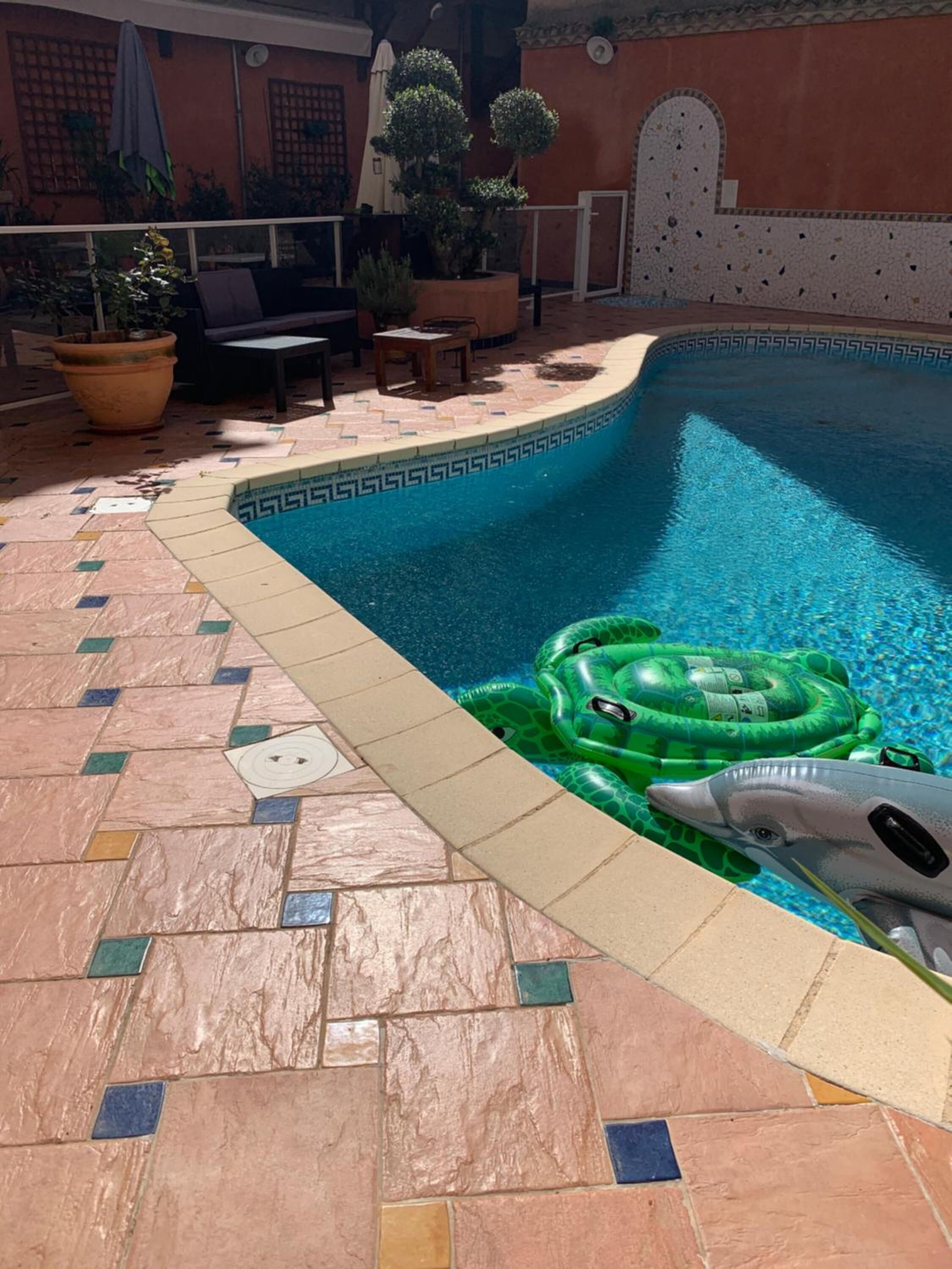 A swimming pool with a tiled deck, a green inflatable pool float, and a dolphin float.