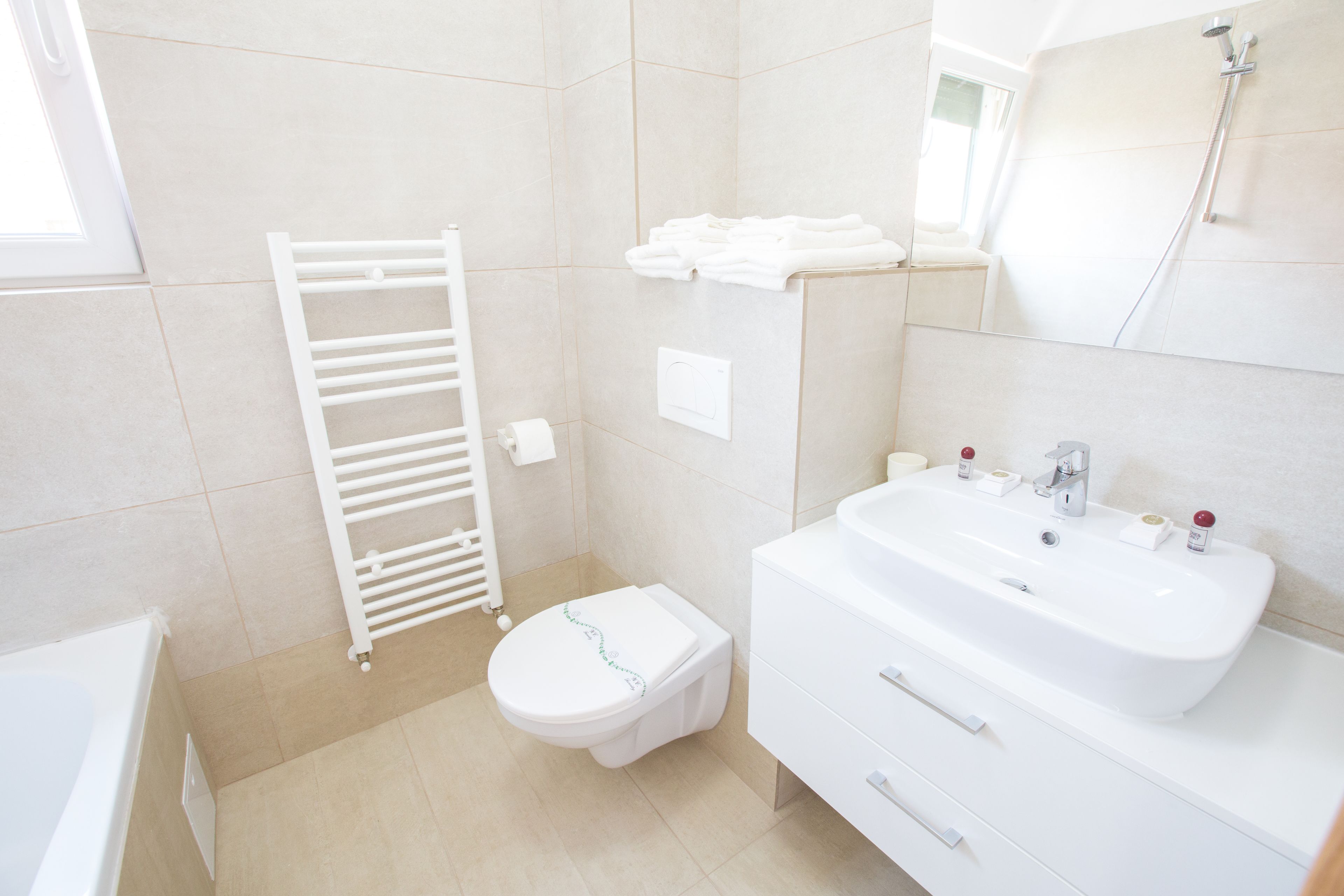 shower, free toiletries, hair dryer, towels