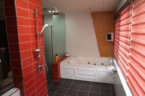 Combined shower/tub, free toiletries, hair dryer, bathrobes