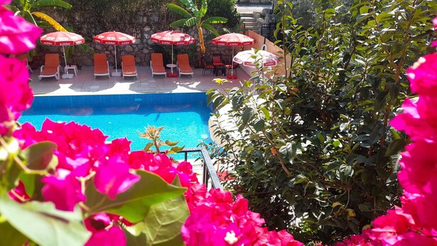 A pool area with lounge chairs and umbrellas, surrounded by lush greenery and vibrant flowers. - Sarihan Apart Otel (Fethiye)