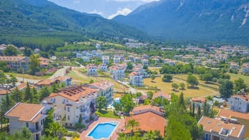 A residential area with houses, a swimming pool, and mountains in the background.