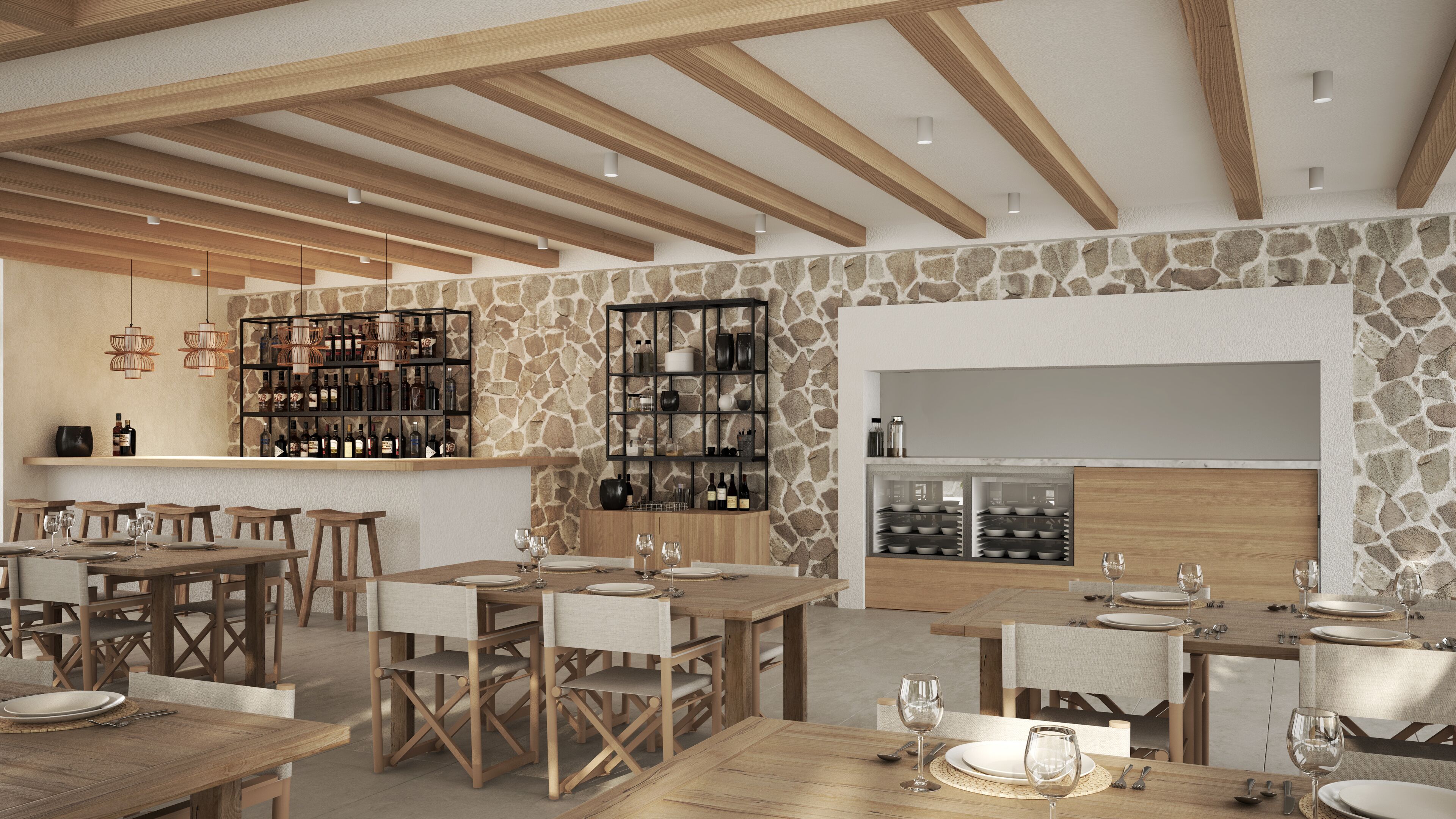 A restaurant interior with wooden tables and chairs, stone walls, and shelves with bottles and dishes.
