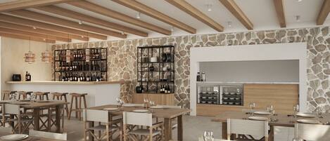 A restaurant interior with wooden tables and chairs, stone walls, and shelves with bottles and dishes.