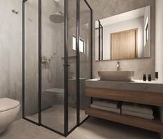 Shower, rainfall showerhead, free toiletries, hair dryer