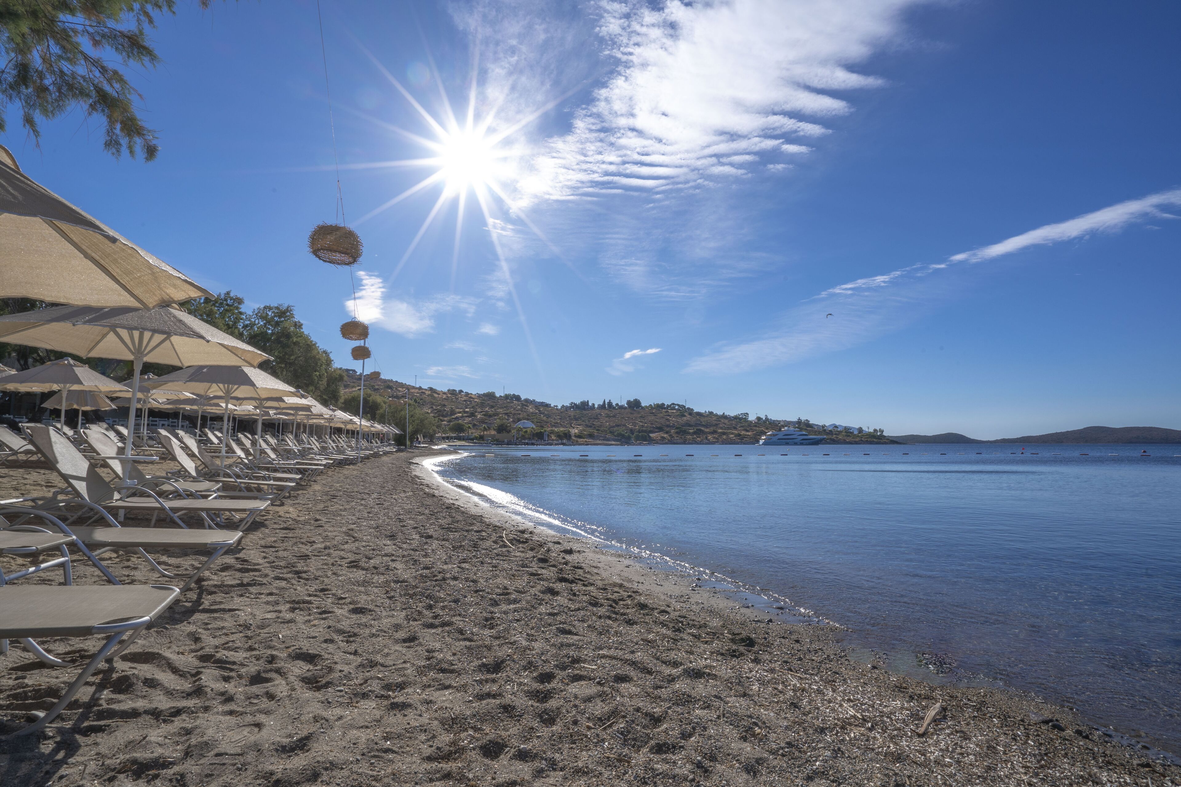 A beach with rows of sun loungers and umbrellas, a clear sky, and calm water.