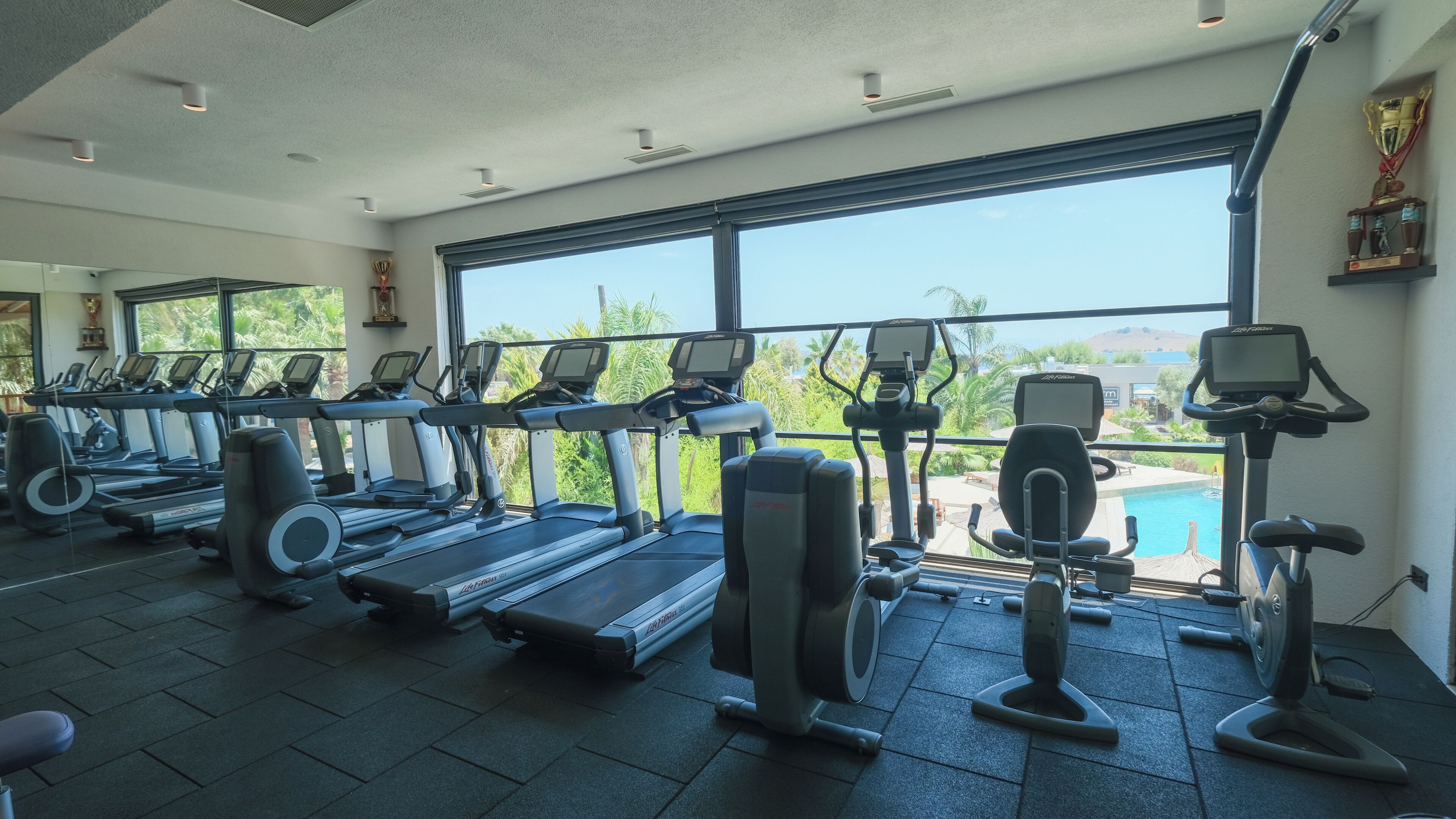 Uma academia com esteiras, elípticos e um remo, janelas amplas e vista para uma piscina.