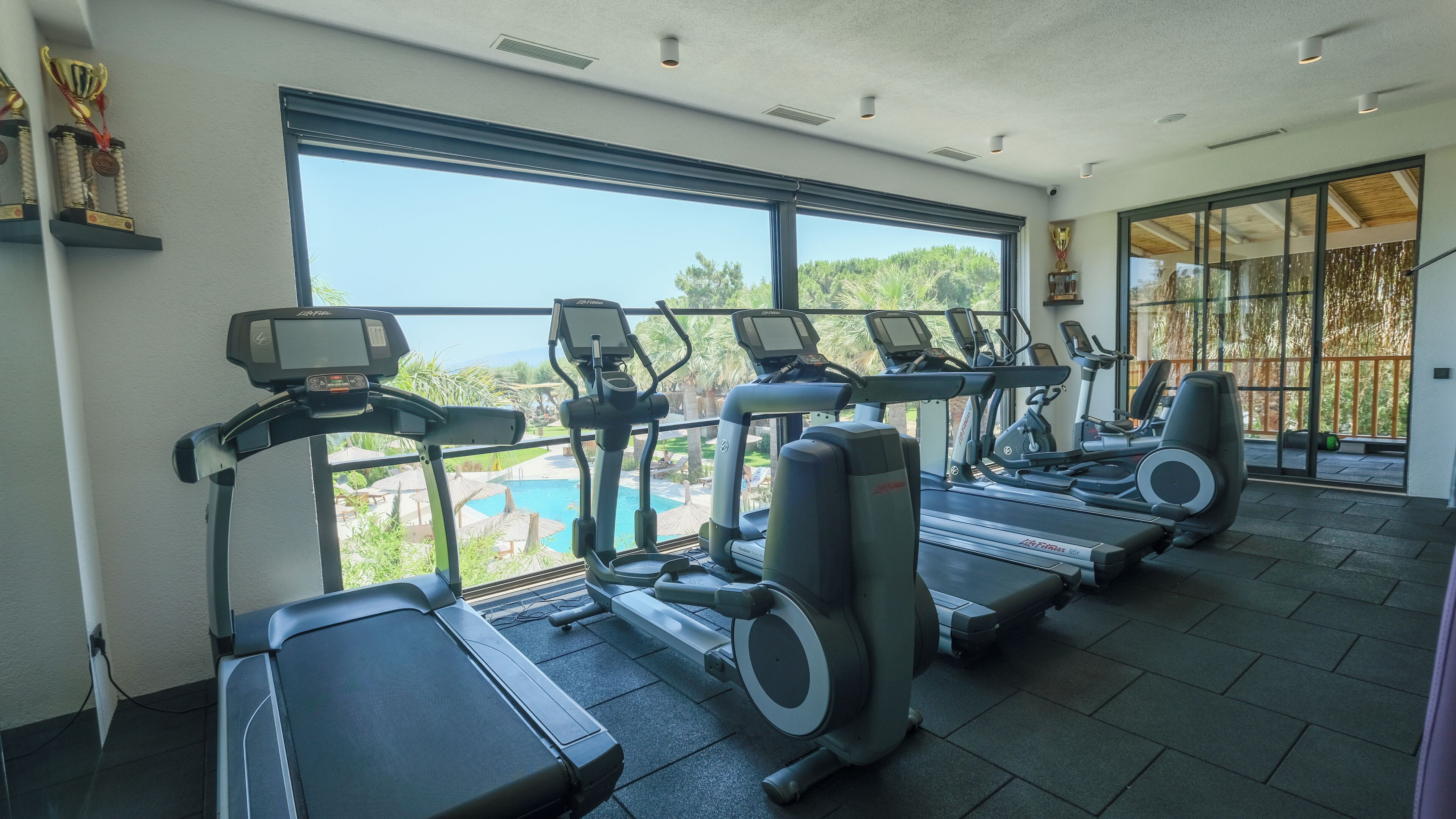 A gym with treadmills, elliptical machines, and a pool view.