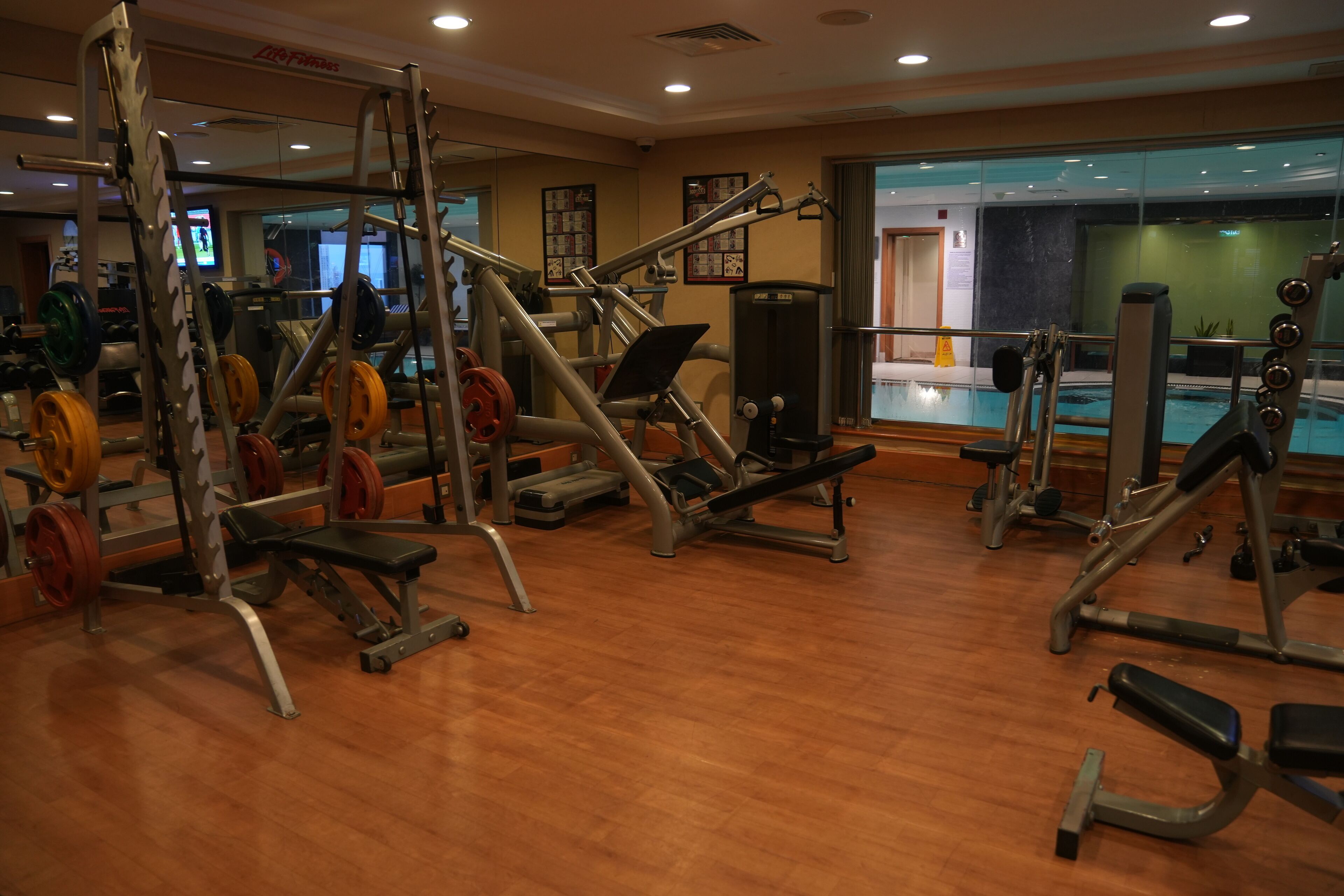 A gym with various exercise equipment, a mirrored wall, and a pool area visible through the glass.