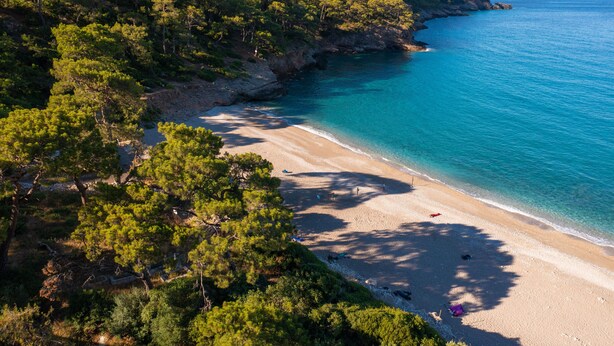 Una playa con agua turquesa cristalina, rodeada de árboles verdes frondosos y acantilados rocosos.