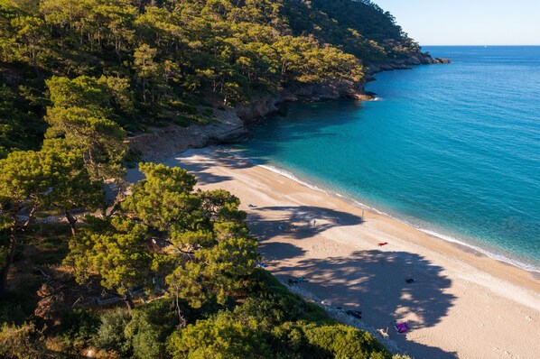 Una playa cerca, sombrillas