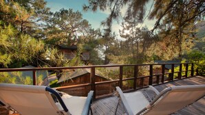 Una terraza de madera con dos hamacas con vista a un área boscosa.