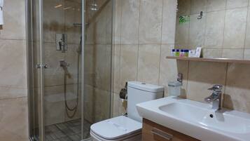 A modern bathroom with a glass-enclosed shower, a white toilet, and a sink with a mirror above it.