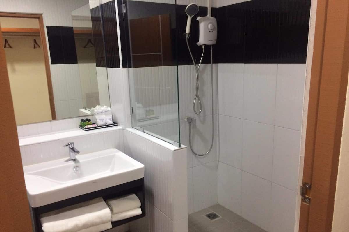 shower, free toiletries, hair dryer, towels