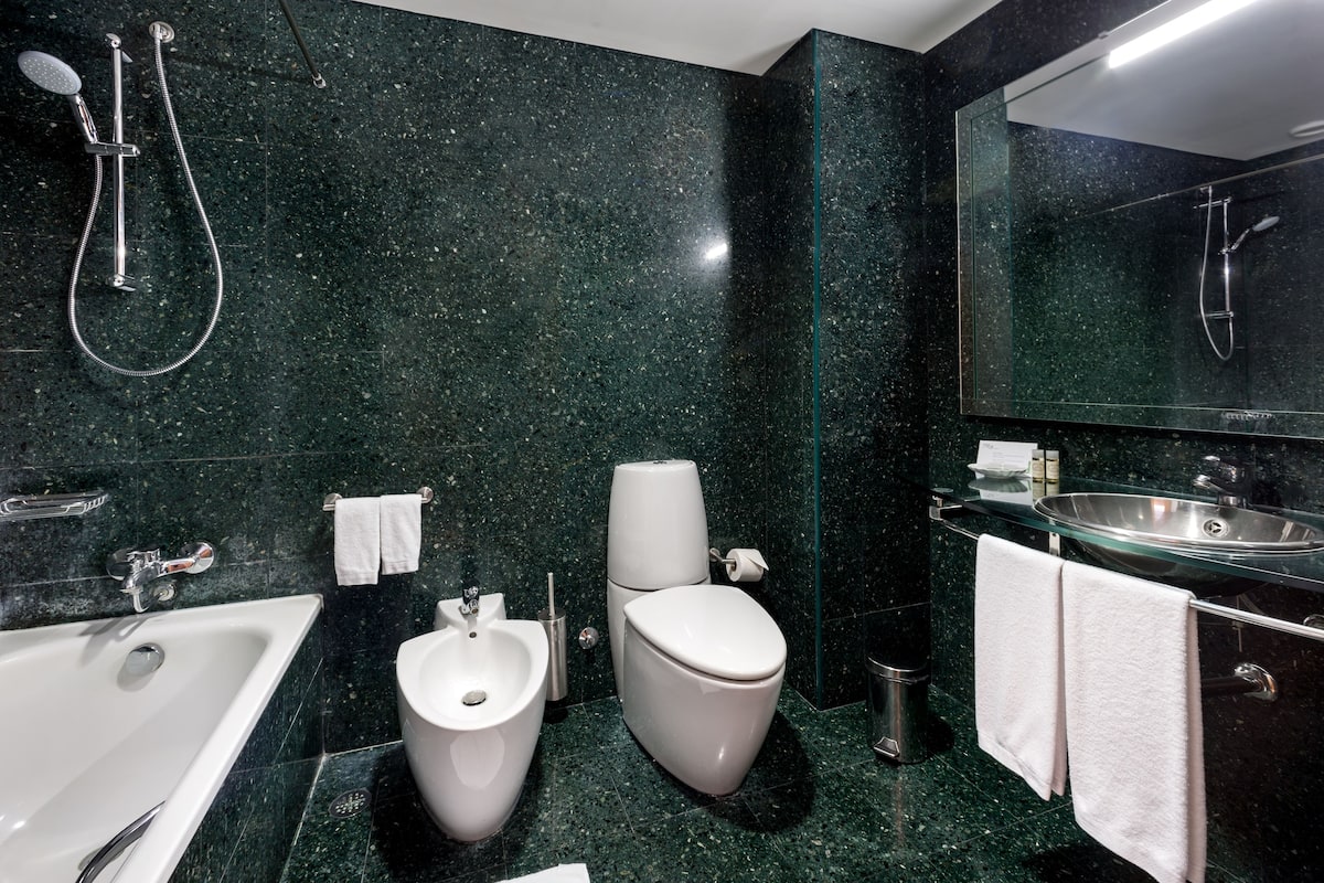 eco-friendly toiletries, hair dryer, towels