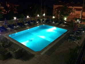 Outdoor pool, pool umbrellas, pool loungers