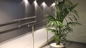 A staircase with metal handrails and a potted plant at the bottom. - Hotel Teruel (Vinaros)