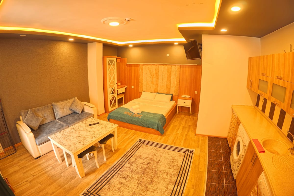 A compact hotel room with a bed, a sofa, a small table, a washing machine, and a wooden cabinet.