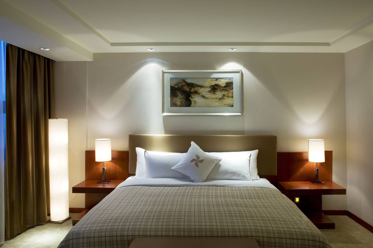 Habitación de hotel con una cama grande, dos mesitas de noche con lámparas, un cuadro en la pared y vistas al exterior a través de la ventana.