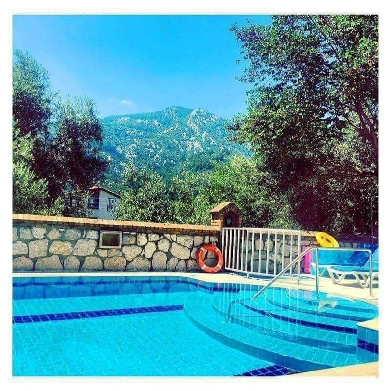 Outdoor pool, pool umbrellas, pool loungers