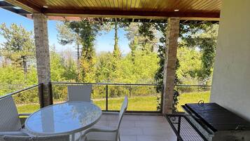 Un patio techado con una mesa redonda y sillas, una parrilla y vistas a un paisaje verde.