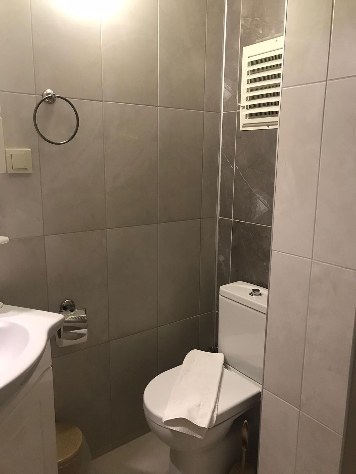 A small, modern bathroom with a toilet, sink, and shower area.