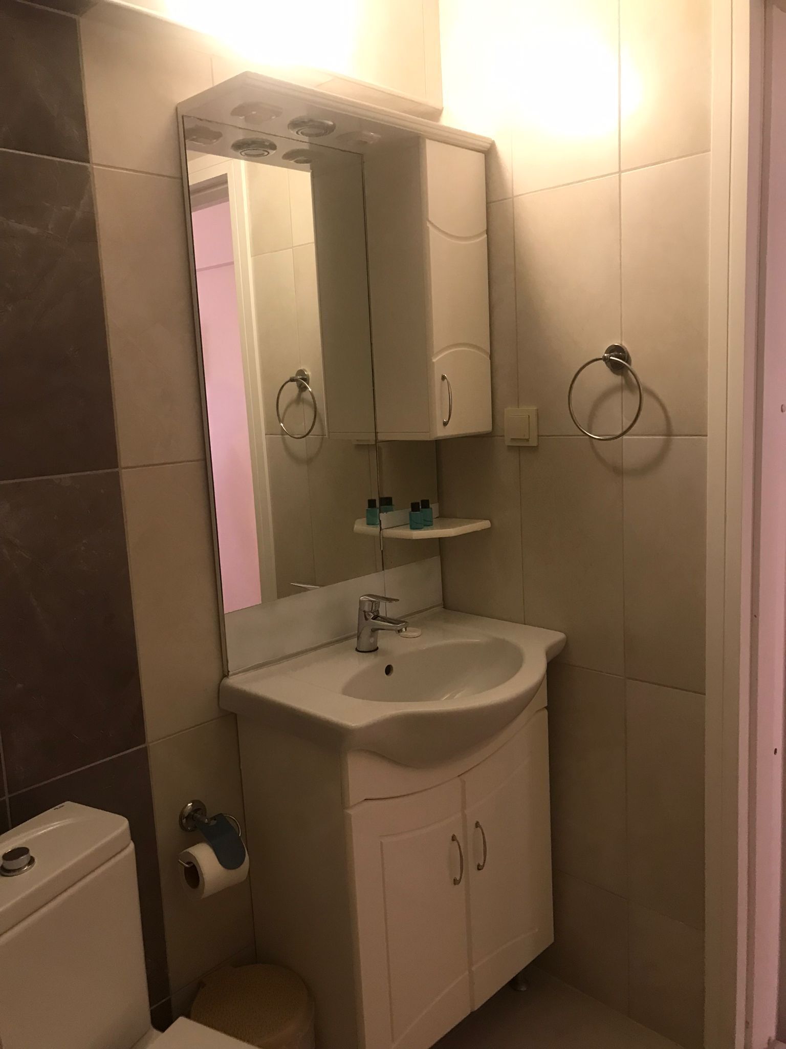 A bathroom with a white sink, a mirror, a toilet, and a towel rack.