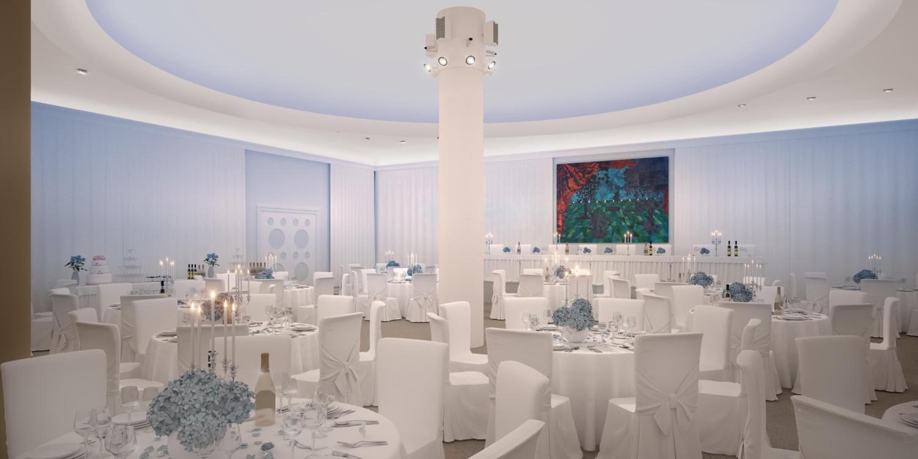 A spacious banquet hall with round tables, white chairs, and a large central column.