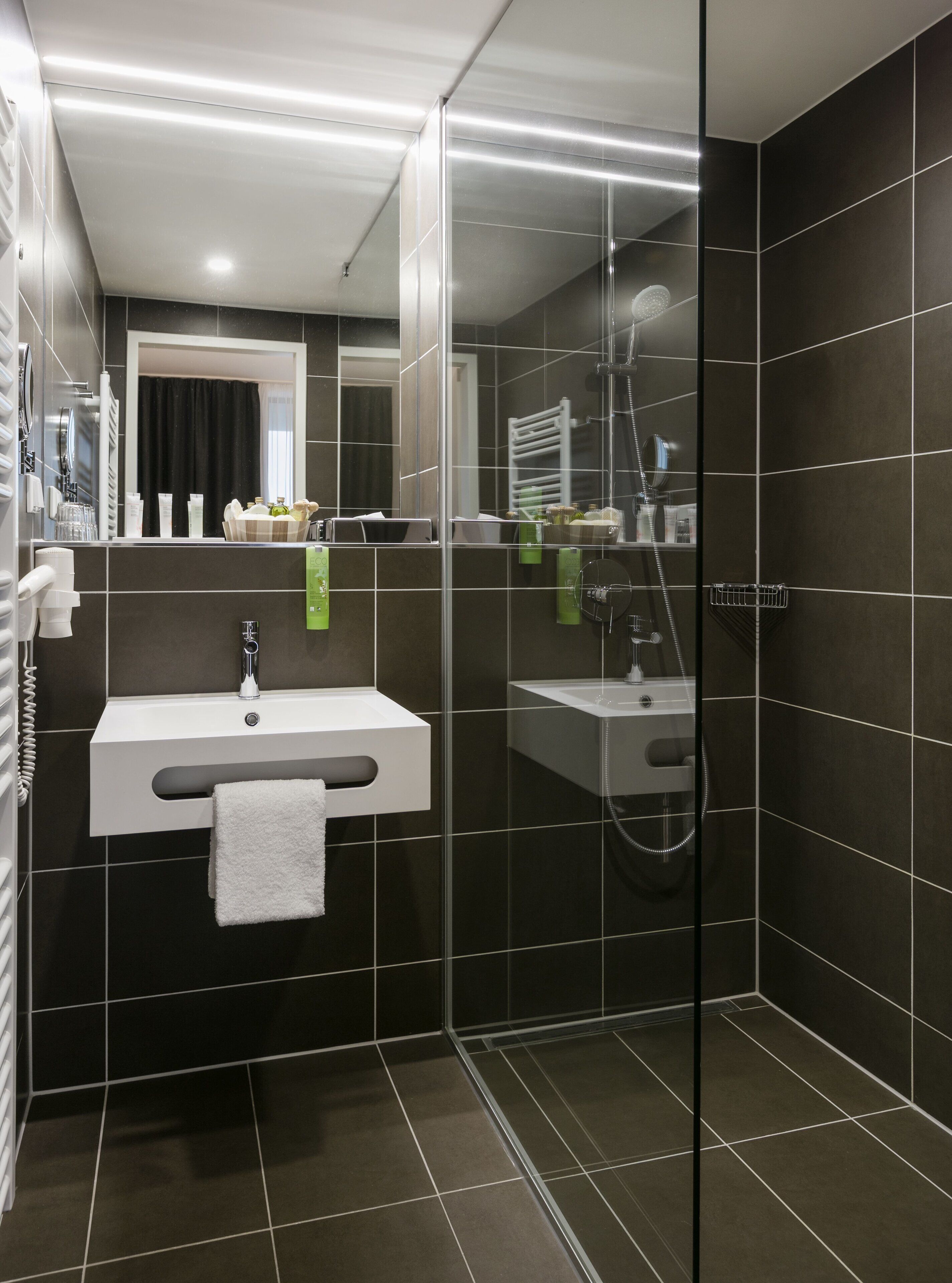 shower, free toiletries, hair dryer, towels