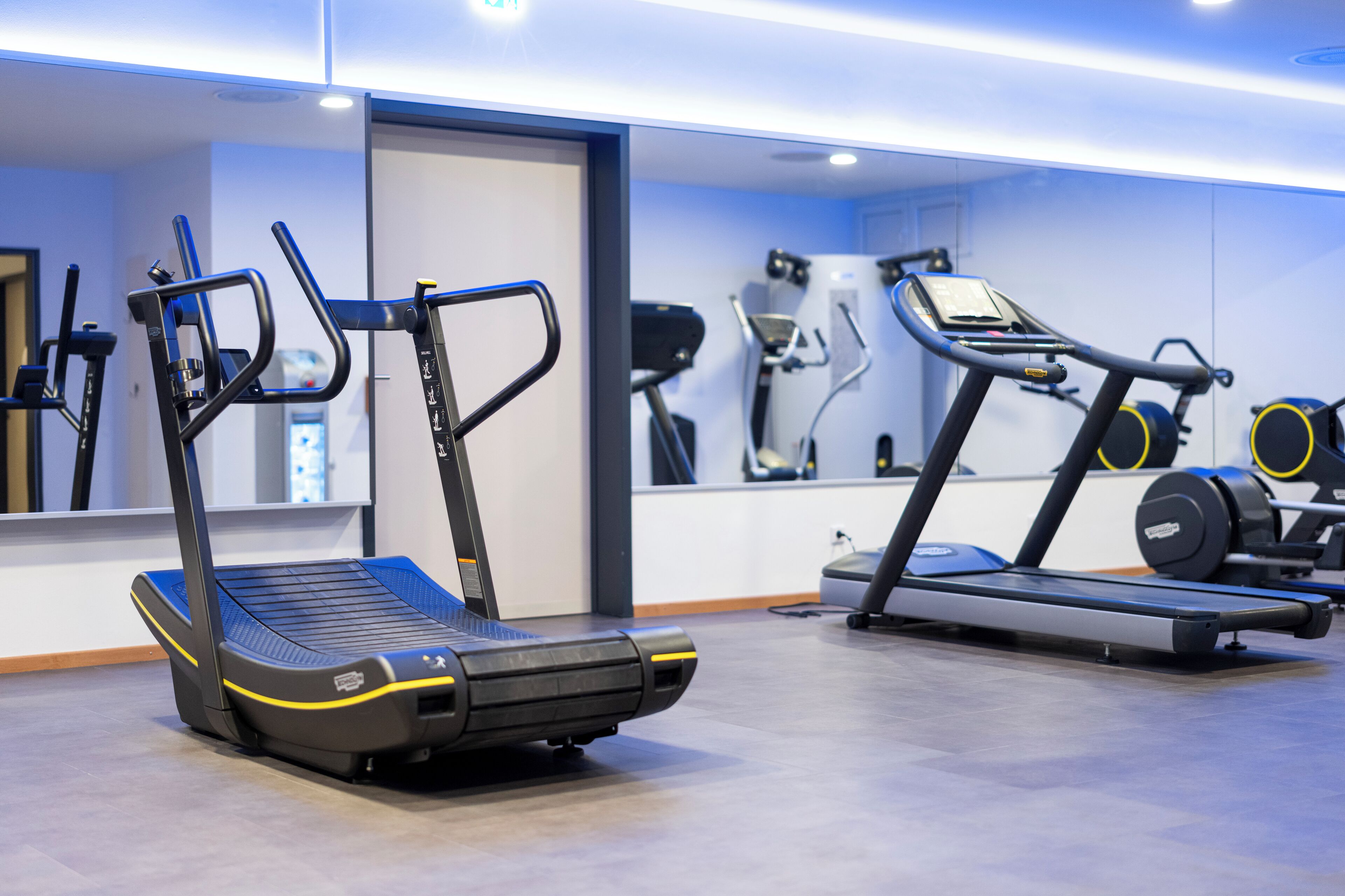 A gym with treadmills, exercise bikes, and weights.