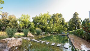 A tranquil outdoor pool area with stepping stones, surrounded by lush greenery and trees.