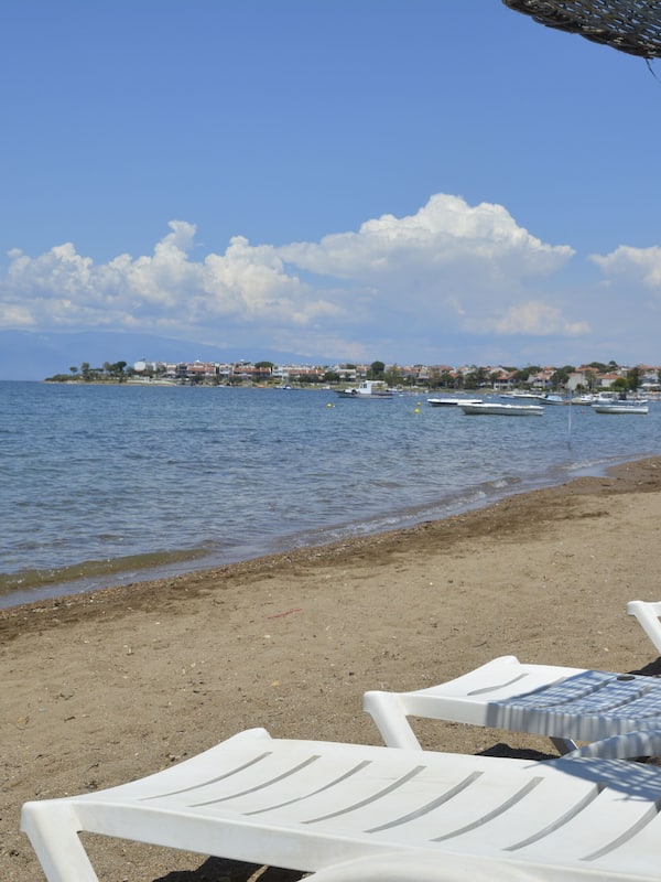 Plage, chaises longues, parasols