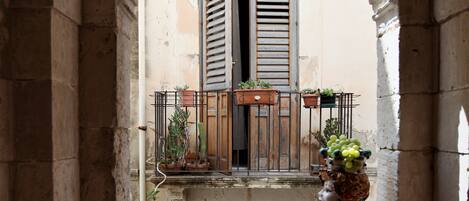 An arched doorway leading to a balcony with potted plants and a wooden door.
