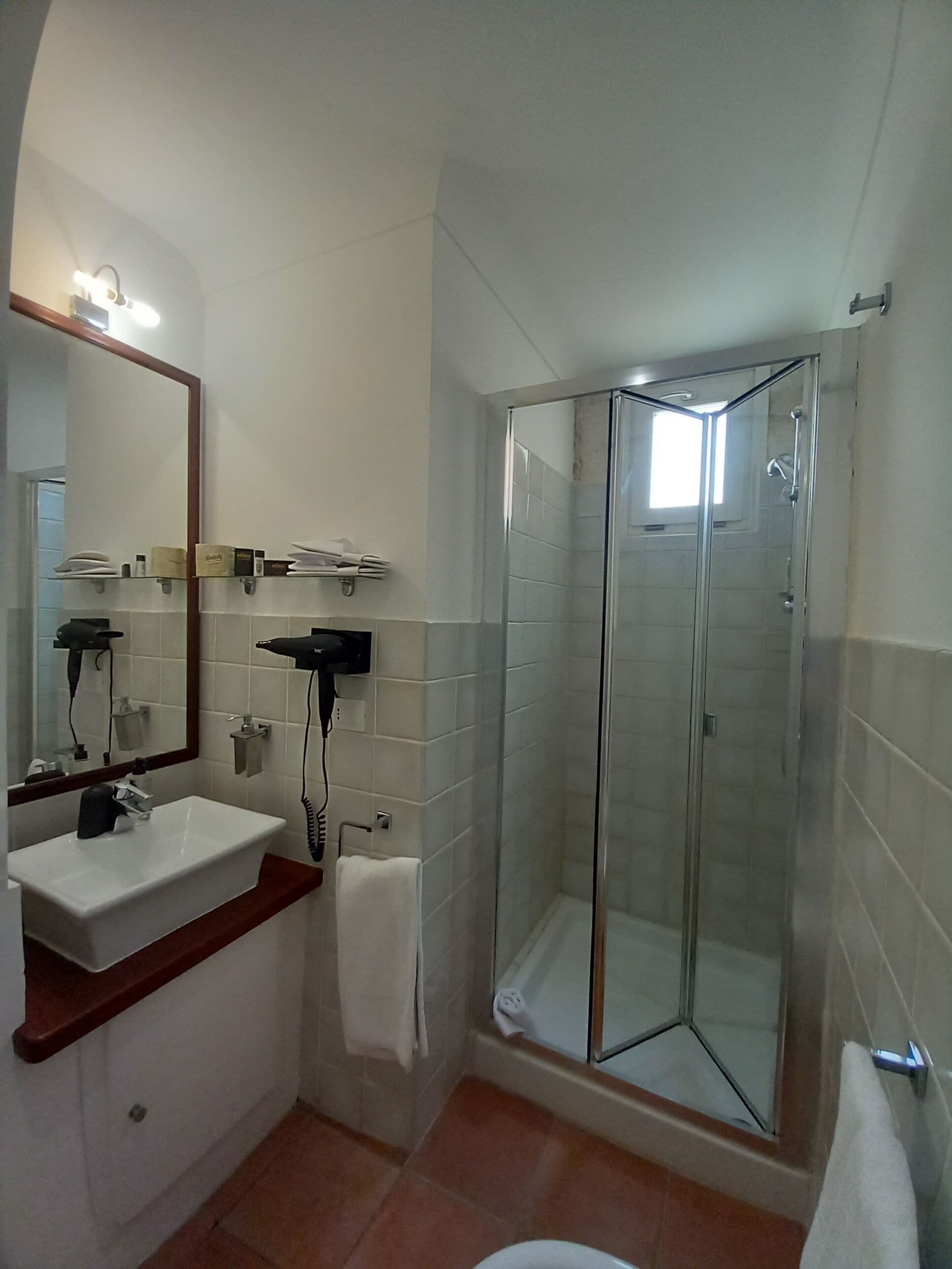 A bathroom with a glass-enclosed shower, a sink with a mirror, and a towel rack.