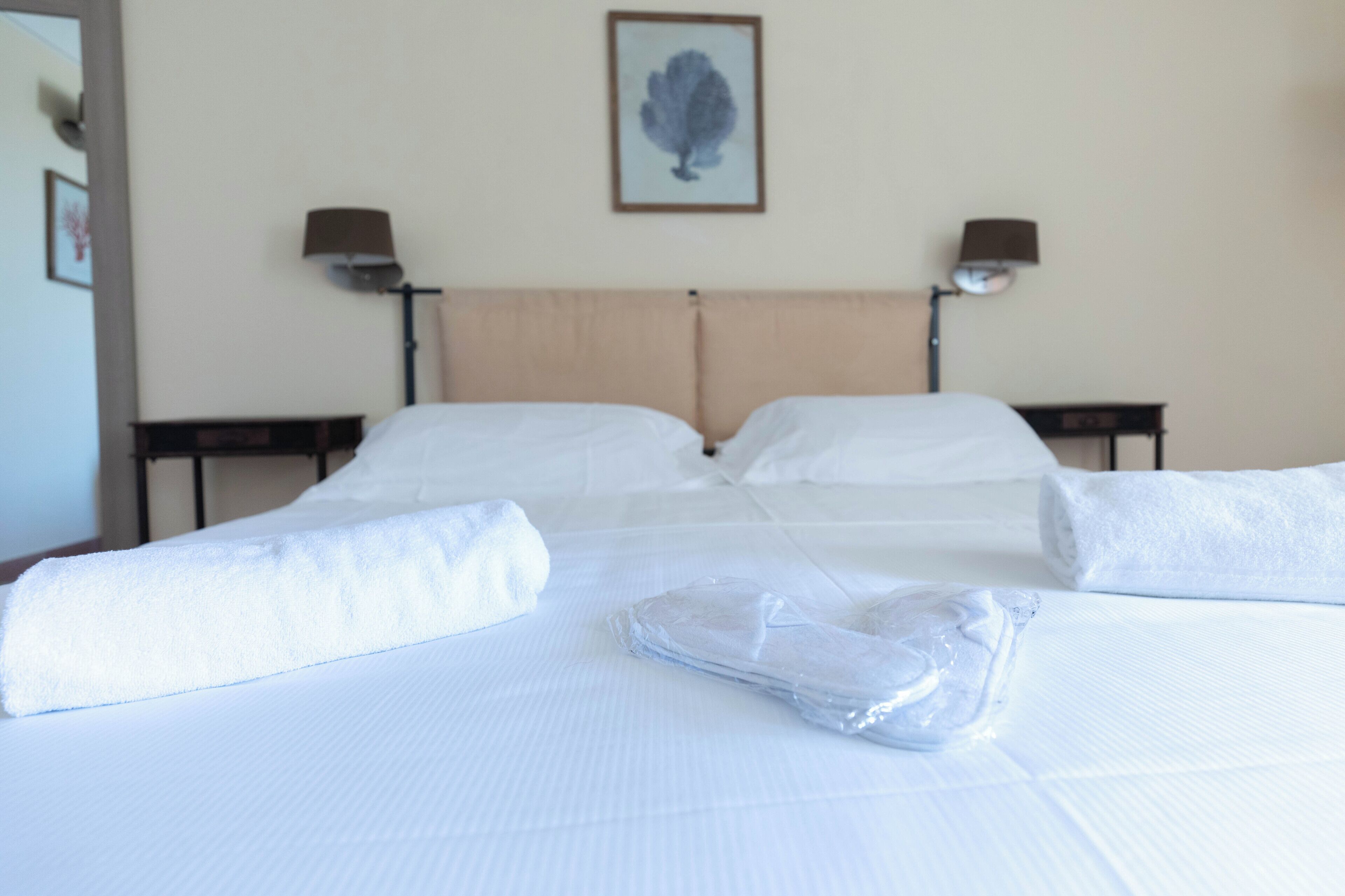 A hotel room with a bed, two bedside tables, a wall-mounted lamp, and a framed picture.