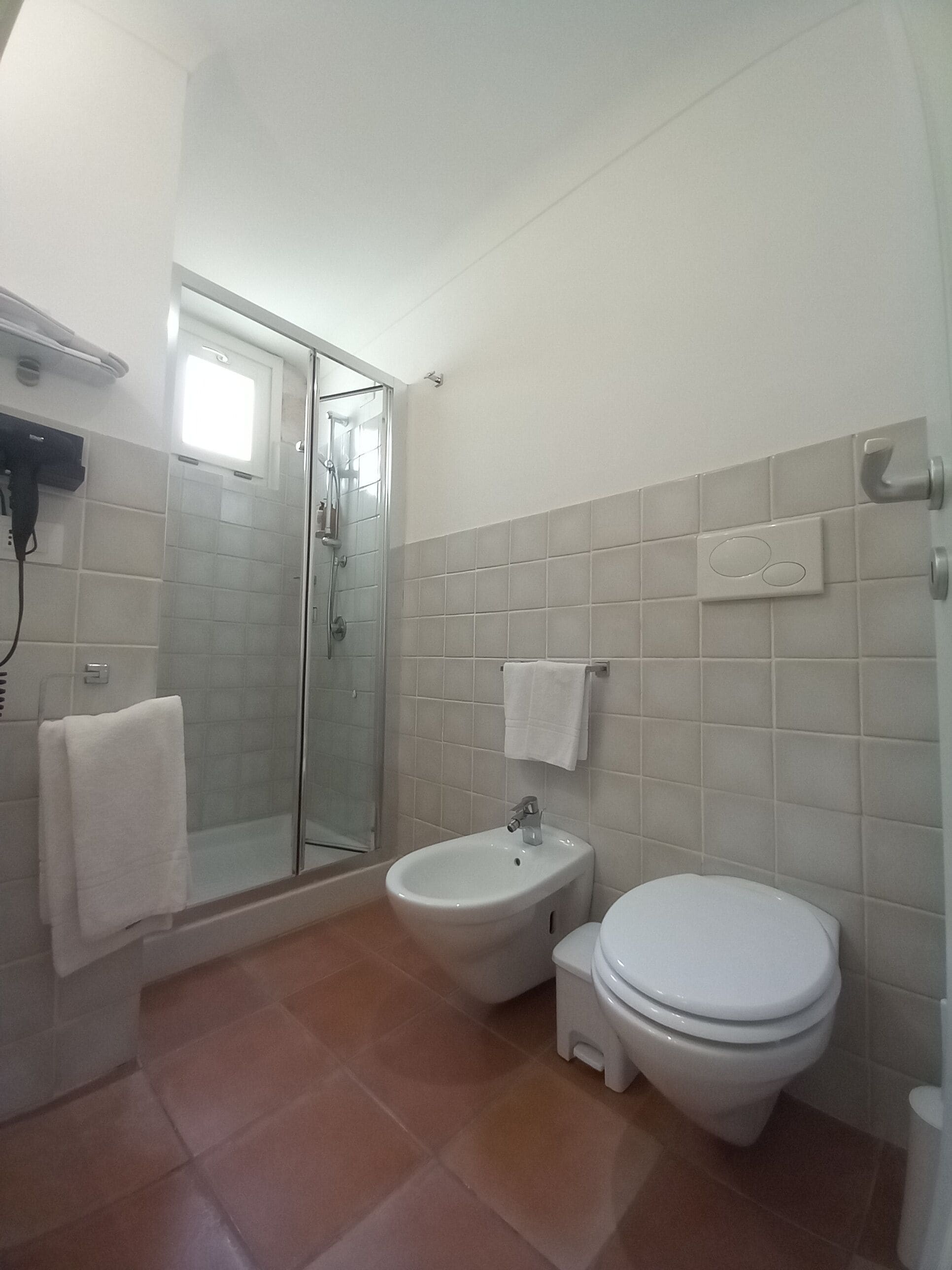 A bathroom with a shower, a bidet, and a toilet.