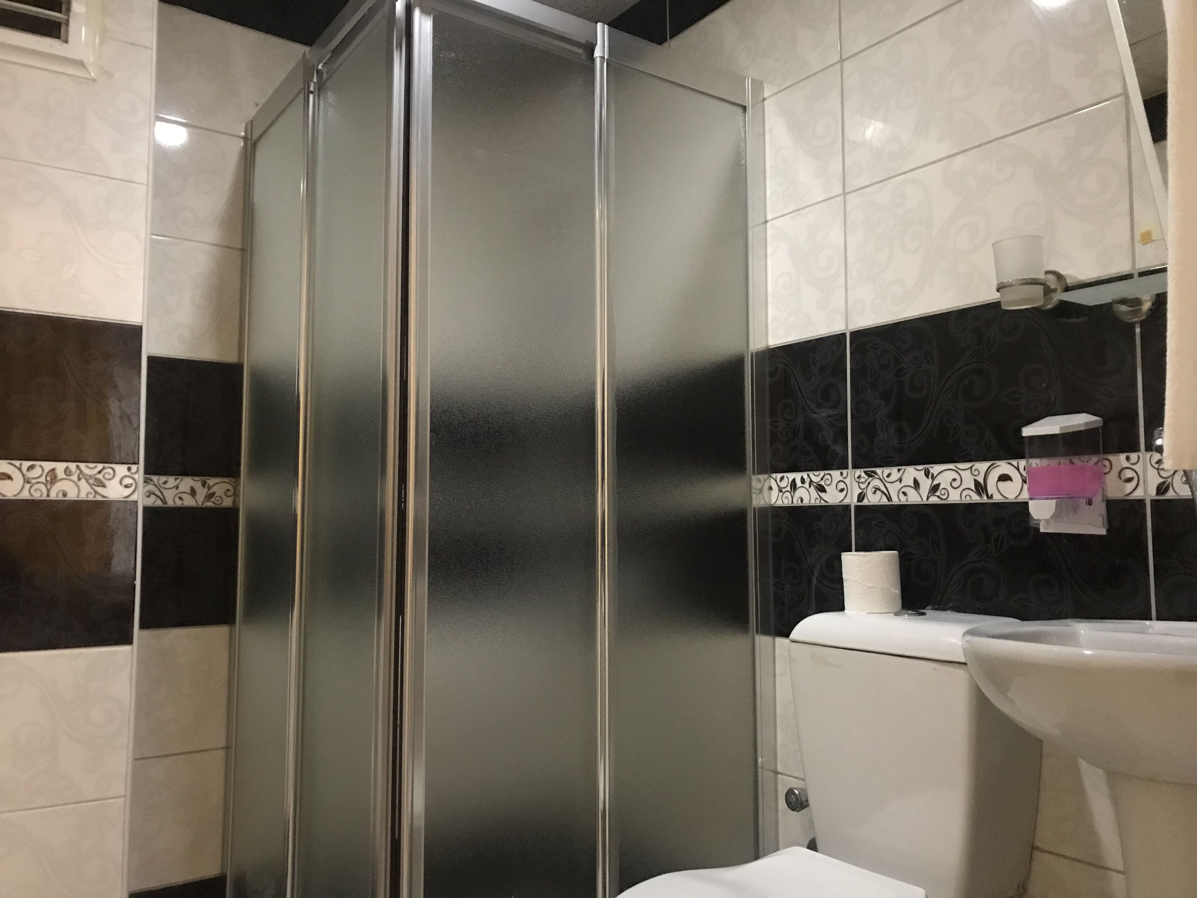 A bathroom with a shower enclosure, a sink, and patterned tiles.
